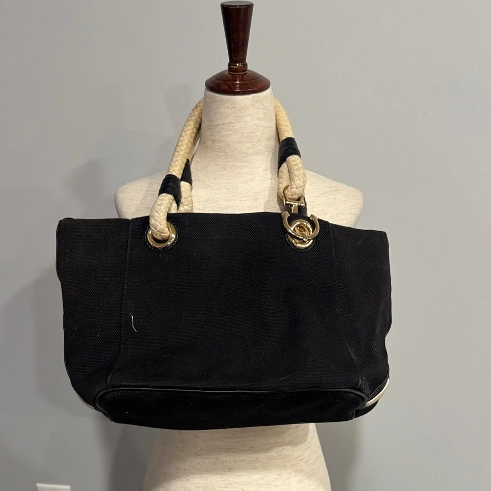 Michael Kora Black Canvas Tote with Rope Handles
